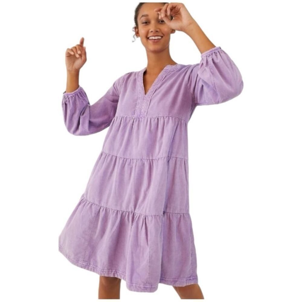 Anthropologie Pilcro Harper Corduroy Dress Tiered Long Sleeve Lavender Size S